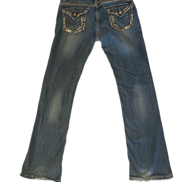 Rock & Roll Cowgirl Dark Blue Bootcut Jeans with Gold Sequin Trim - Picture 7 of 15